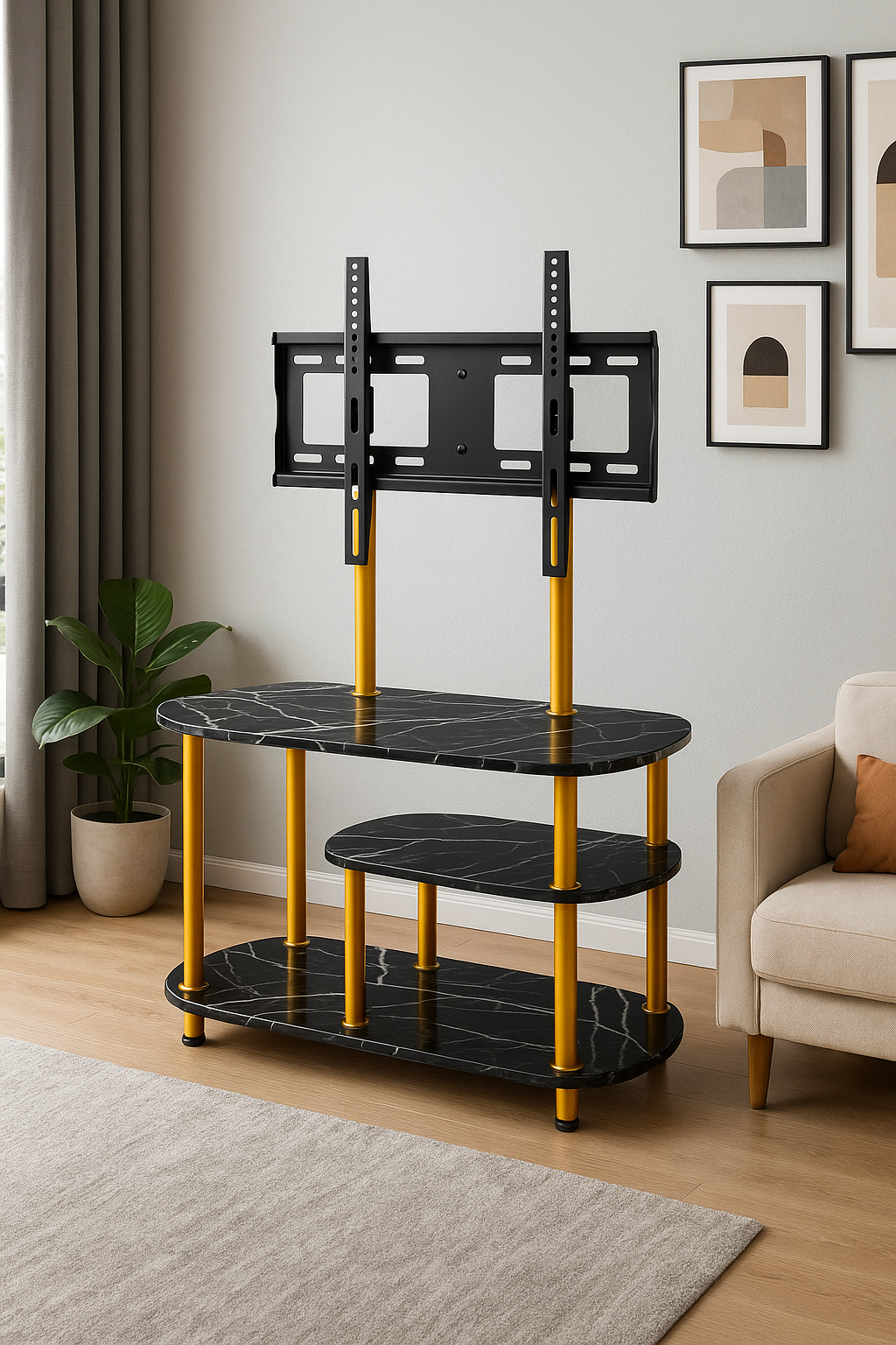 TV600 Black Marble-Look TV Stand  Multi Tier Shelf with Mount & Gold Frame