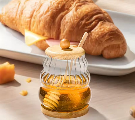 Glass Honey Dispenser Jar with Bamboo Lid, Base & Dipper- Furaha Finds Kenya