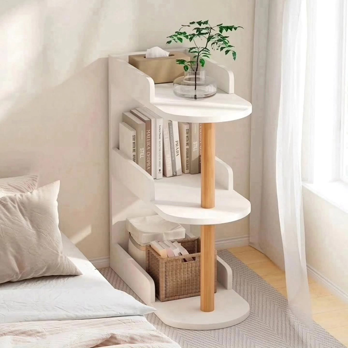 3-Tier Bedside Table Bookshelf – Space-Saving Modern Storage Shelf in White
