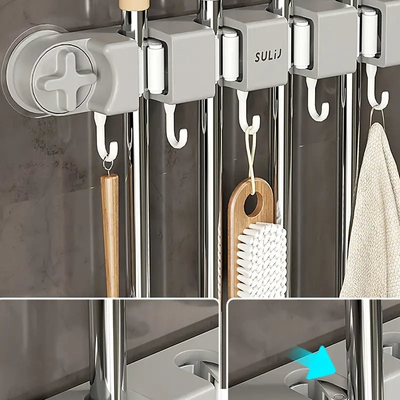 Non-Slip Wall Mounted Mop Holder with 4 Racks and 5 Hooks