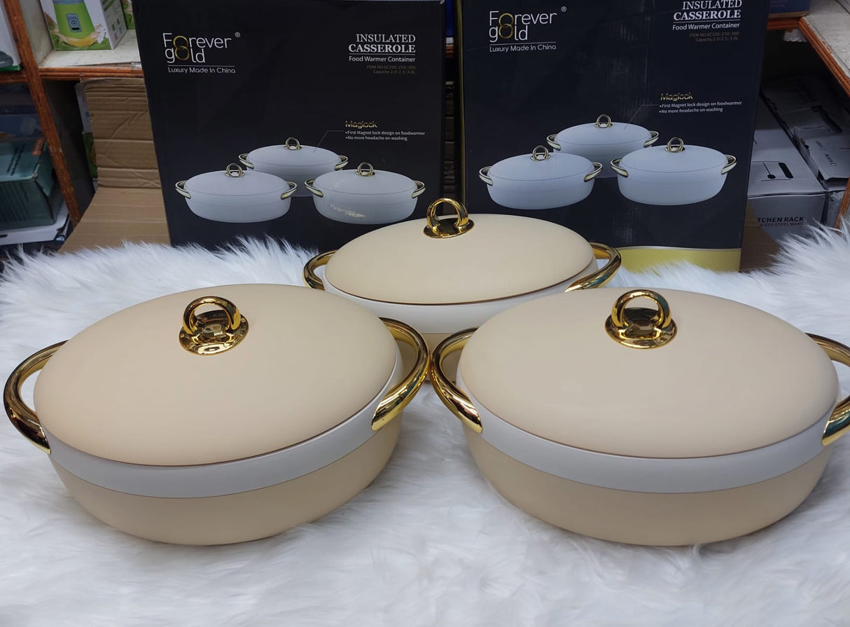 3pcs Luxurious Insulated Hotpot Set 2L to 3L, Automatic Closing Lid, Smooth Finish & High Quality.