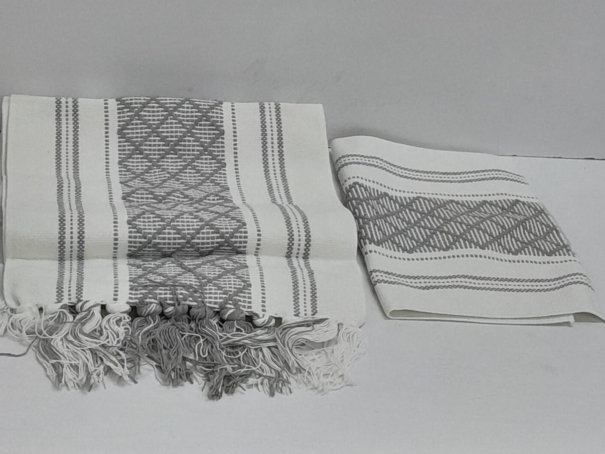 Black and White Geometric Woven Table Runner with Tassels