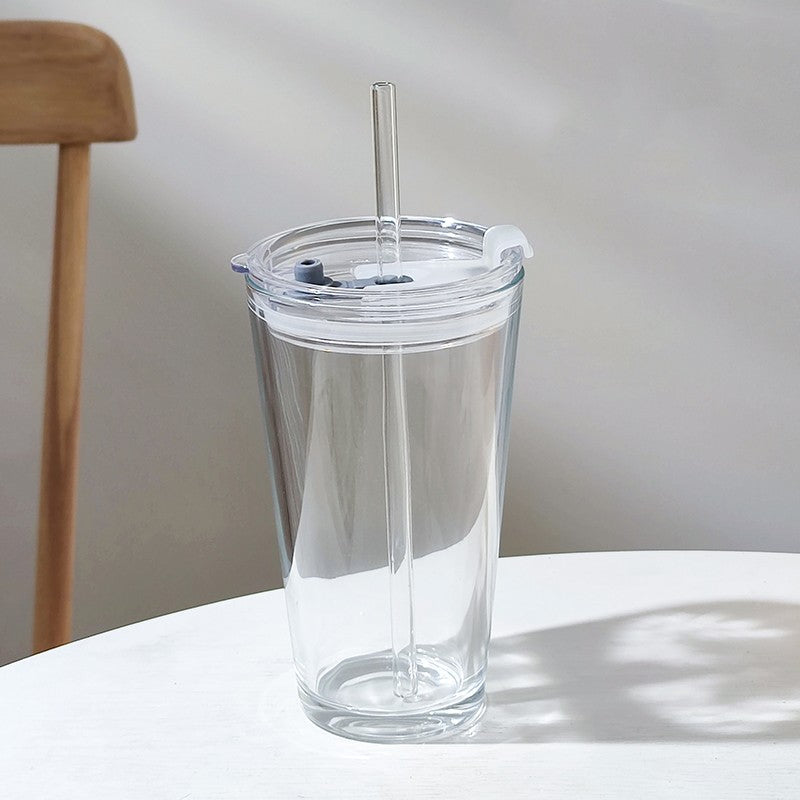 Round Transparent Borosilicate Drinking Glass Cup/Tumbler with lid + Straw.