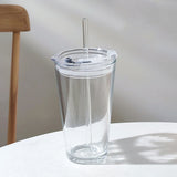 Round Transparent Borosilicate Drinking Glass Cup/Tumbler with lid + Straw.