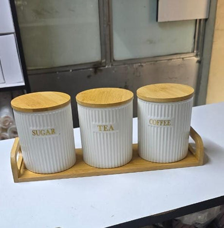 3pc Ceramic Canisters with Bamboo Stand–500ml Capacity- Furaha Finds Kenya