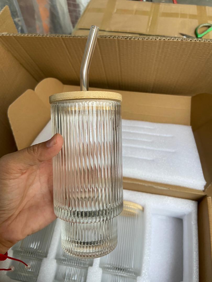 9pcs Glass Smoothie Cups Set – 350ml Jars with Bamboo Lids, Straws, and Cleaning Brush