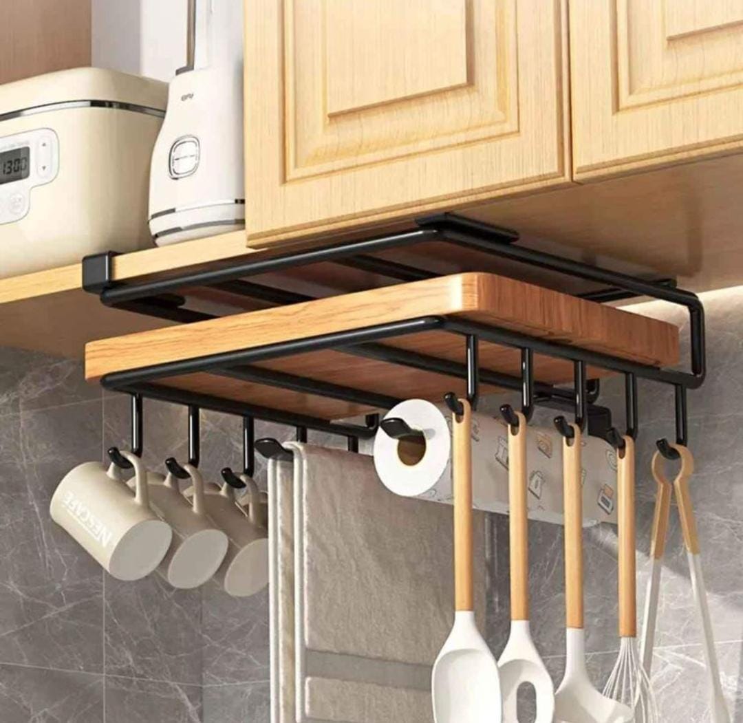 Kitchen Cabinet Under Shelf Double-Layer Storage Rack with Hooks Black
