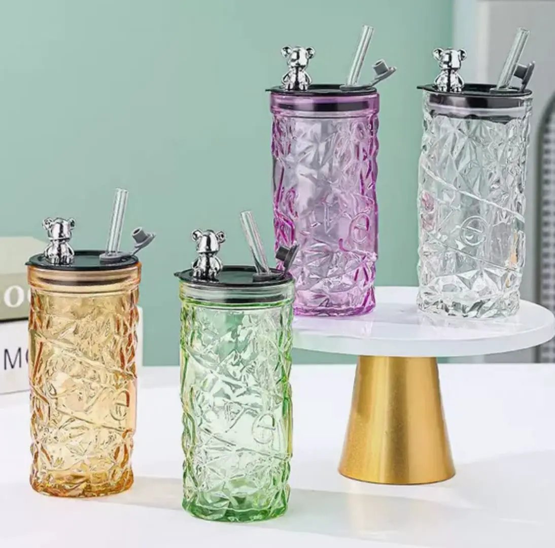 Diamond Bear Borosilicate Glass Tumbler with Glass Straw Borosilicate Tumbler Tumblers