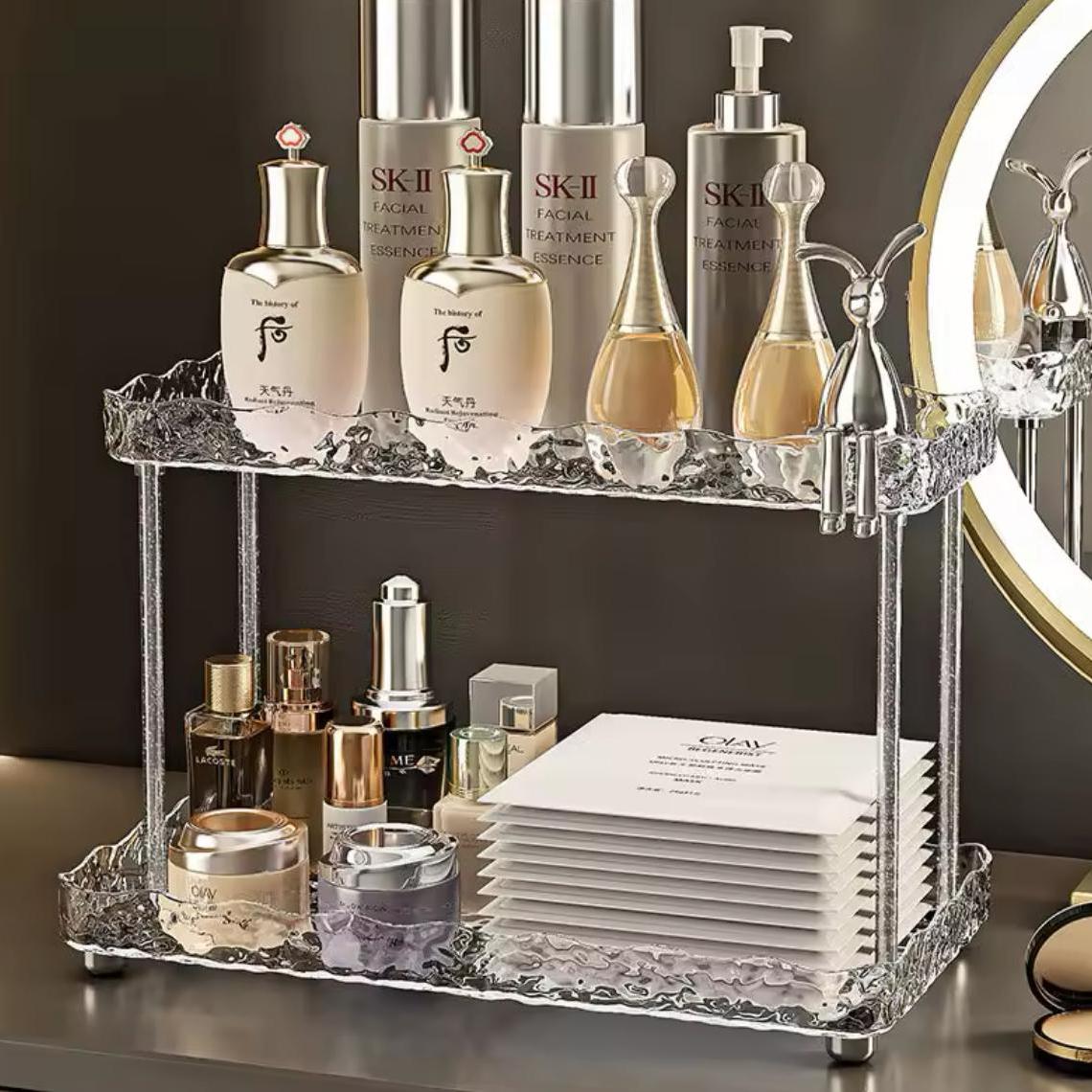Two-Tier Crystal Makeup Organizer with Decorative Rabbit Accent