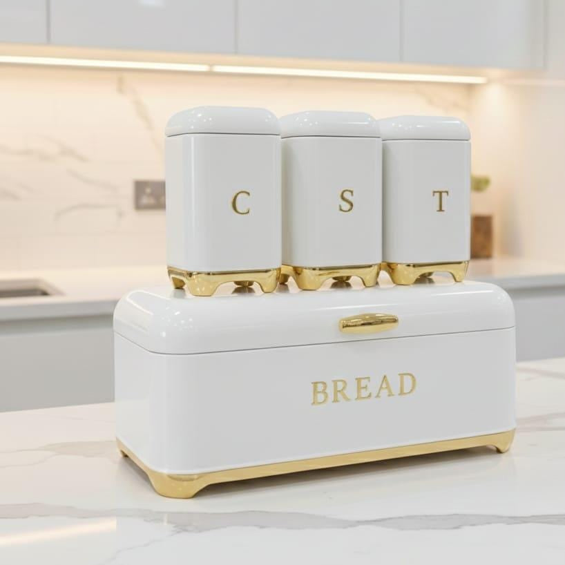 Nordic Bread Bin with 3-Canister Set Gold Bread bin and Canister set Food Storage Containers