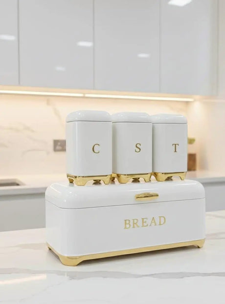 Nordic Bread Bin with 3-Canister Set Gold Bread bin and Canister set Food Storage Containers