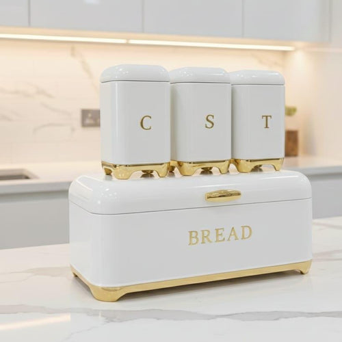 Nordic Bread Bin with 3-Canister Set Gold Bread bin and Canister set Food Storage Containers