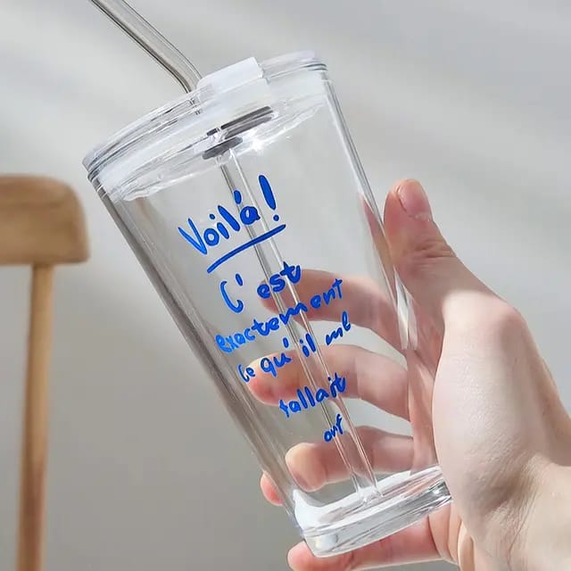Round Transparent Borosilicate Drinking Glass Cup/Tumbler with lid + Straw.