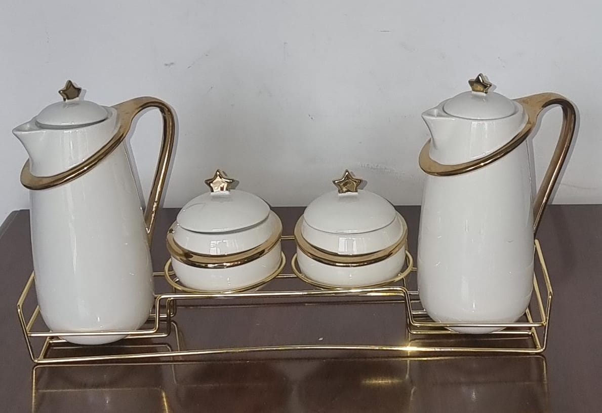 7pcs Acar Ceramic Golden Set with Jugs and Sugar Dishes Airtight Lids