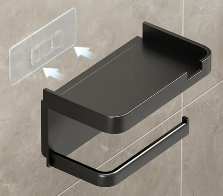 Bathroom Tissue Paper Holder with Phone Shelf Wall Mounted Non Perforated Storage Rack.