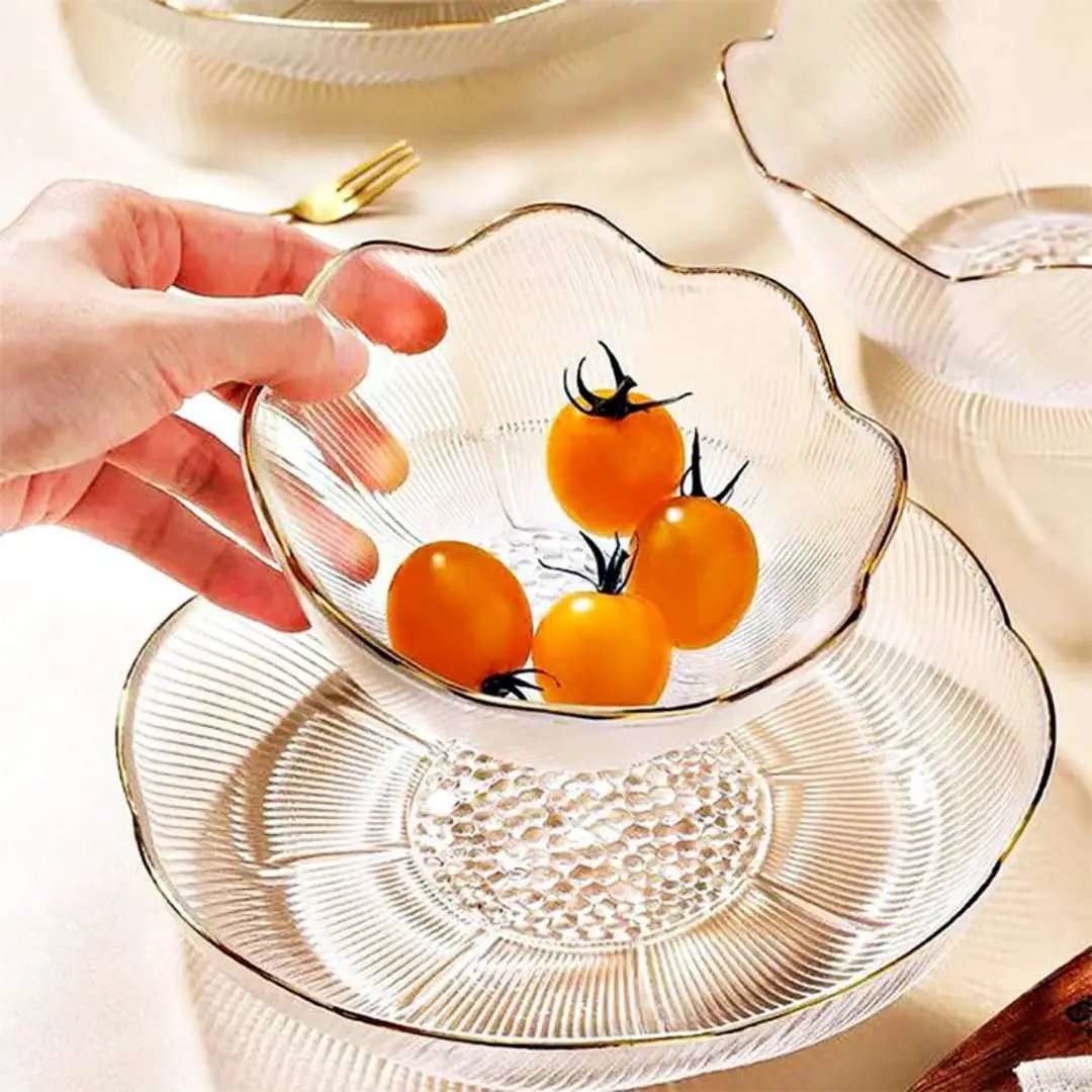 Gold Rim Glass Salad Bowl Set Serving Bowls