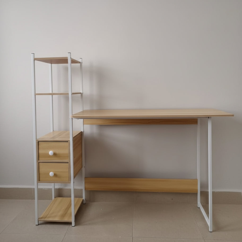 Minimalist Study Desk with Bookshelf Drawers White Metal Frame 120x110x40cm Office Furniture Desks