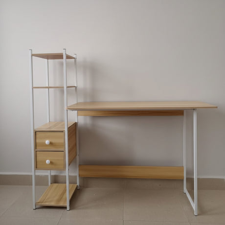 Minimalist Study Desk with Bookshelf Drawers White Metal Frame 120x110x40cm Office Furniture Desks