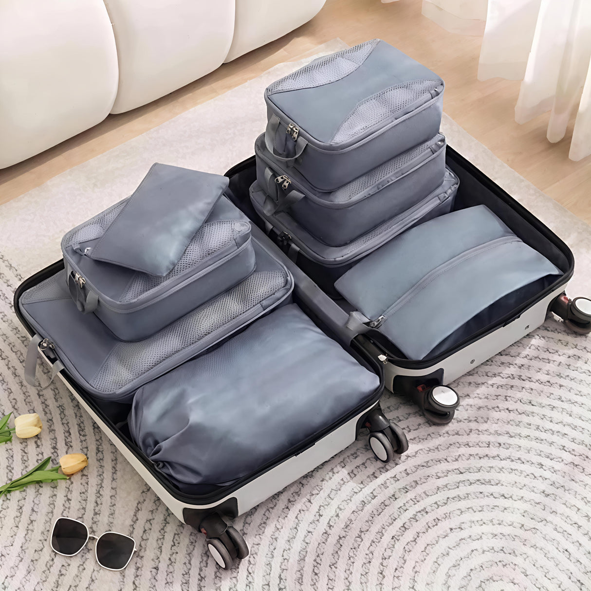 8pcs Travel Suitcase Compression Cubes – Waterproof Packing Organizers