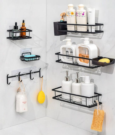 8pc Bathroom Organizer Set Matte Black Wall Mounted Storage with Hooks & Holders