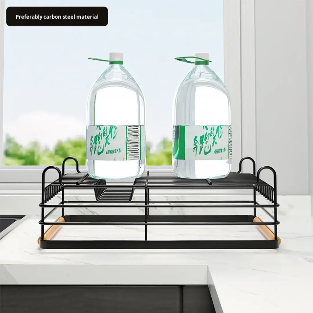 Dish Rack - Single Tier Metal Wire with Draining Tray Cutlery Holder and Wood Handle Bar Black Kitchen & Dining Dish Racks