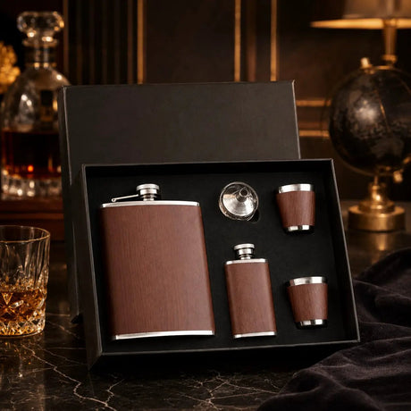 Leather Wrapped Whiskey Flask Gift Set For Hosts Two Flasks Gift set Decanters