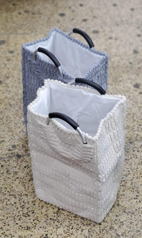 Velvet Corduroy Laundry Basket – White and Grey