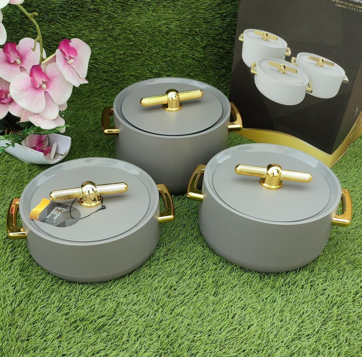 Luxurious Insulated Hotpots 1L, 2L & 3.5L Set with Magnetic Lids & Smooth Finish