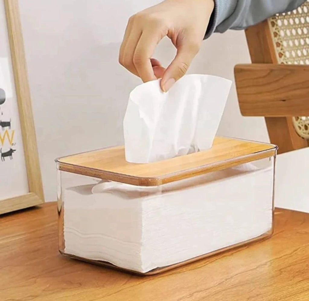 Nordic Minimalist Tissue Box with Bamboo Lid Transparent Serviette Holder Table accessories