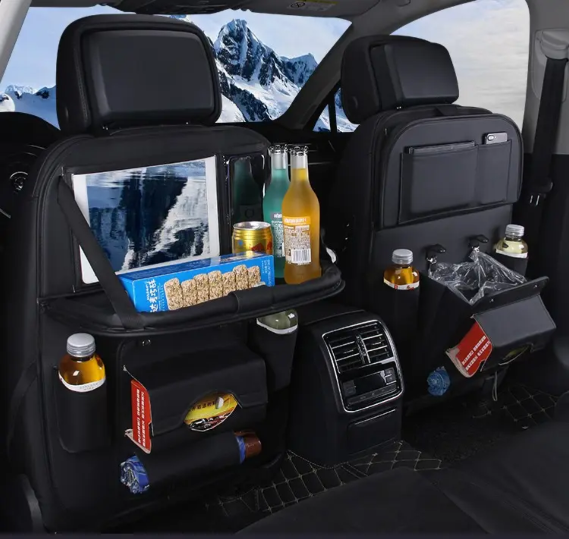 Leather Car Back Seat Organizer Waterproof, Foldable Tray & Multiple Pockets Heavy-Duty Travel Storage Solution.