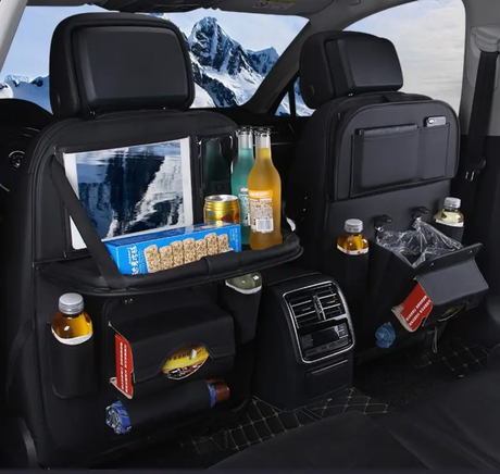 Leather Car Back Seat Organizer Waterproof, Foldable Tray & Multiple Pockets Heavy-Duty Travel Storage Solution.