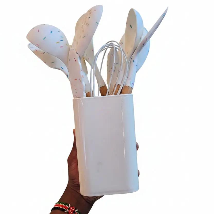 Silicone Utensil Set - White Marble Confetti with Wooden Handles Kitchen & Dining Kitchen Utensil Sets