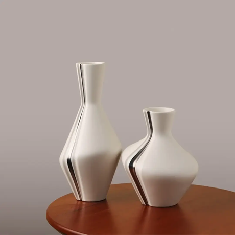 3pc Sculptural Pinch-Groove Ceramic Vase Set Cream Silver Graduated Heights Home & Garden Vases