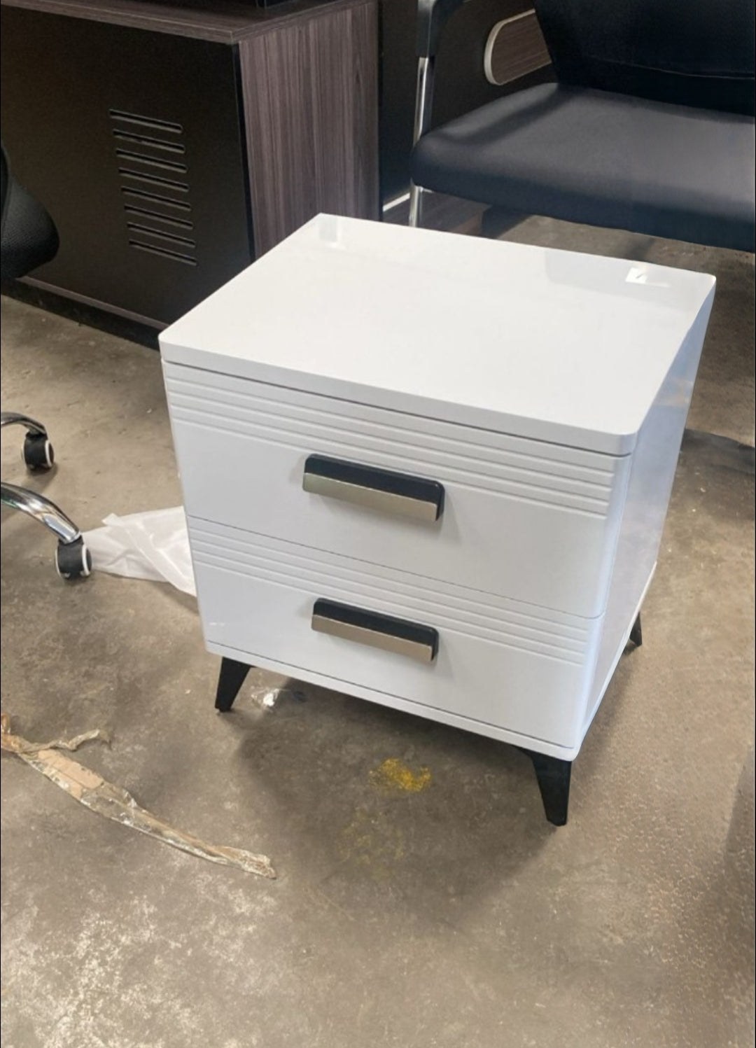Modern White 2-Drawer Bedside Cabinet with Black Legs and Metal Handles