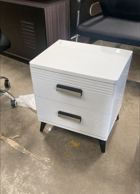 Modern White 2-Drawer Bedside Cabinet with Black Legs and Metal Handles