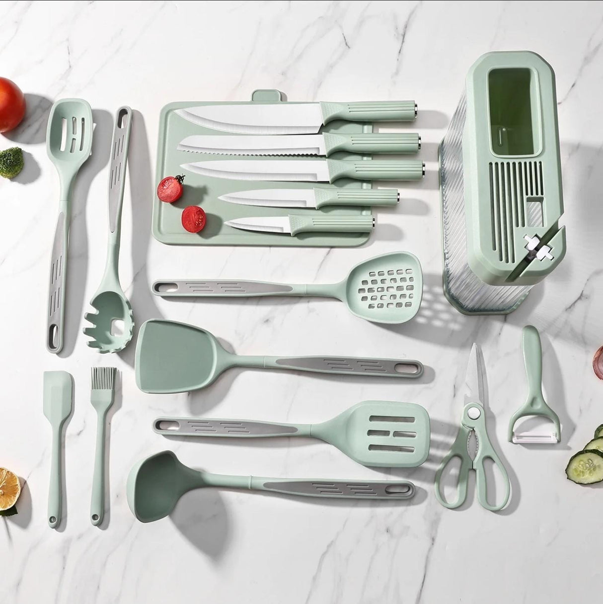 17pcs High Quality Silicone Kitchen Utensil Set – Heat Resistant 230°C with Knives, Tools, and Holder