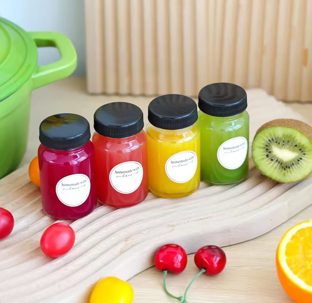 Set of 5 Wellness Gingershots Glass Bottles 60ml, Reusable & Compact with Black Lid.