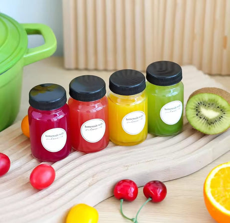 Set of 5 Wellness Gingershots Glass Bottles 60ml, Reusable & Compact with Black Lid.
