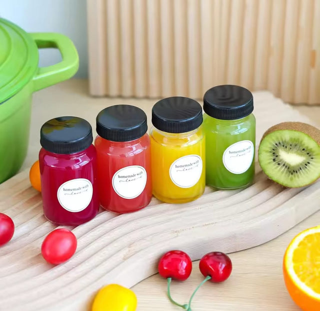 Set of 5 Wellness Gingershots Glass Bottles 60ml, Reusable & Compact with Black Lid.