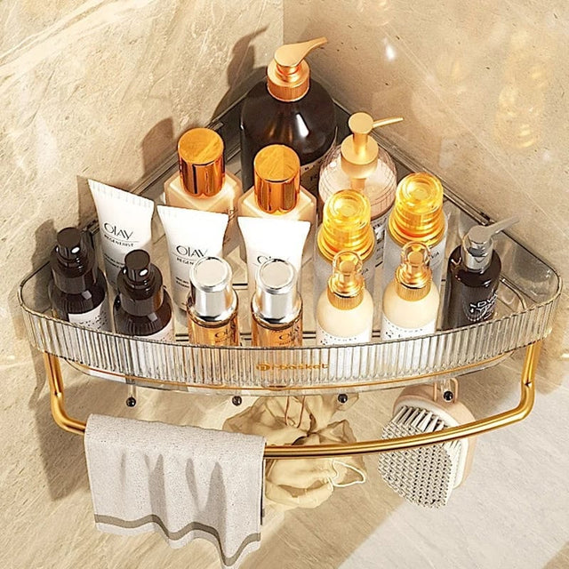Acrylic Punch-Free Bathroom Corner Shelf with Towel Bar and Hooks – Adhesive Mount Storage Rack