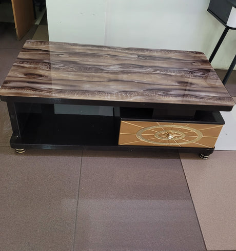 Glass-Top Coffee Table with Drawer and Cabinet – Modern Wood-Finish Design