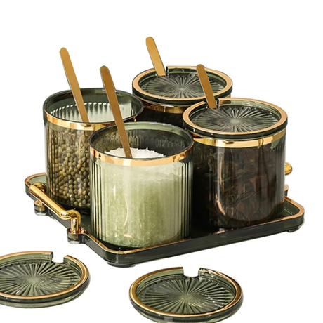 Luxury Acrylic Seasoning Set | Includes 4 Jars, Tray, and Spoons | Gold, Clear, Black- Furaha Finds Kenya