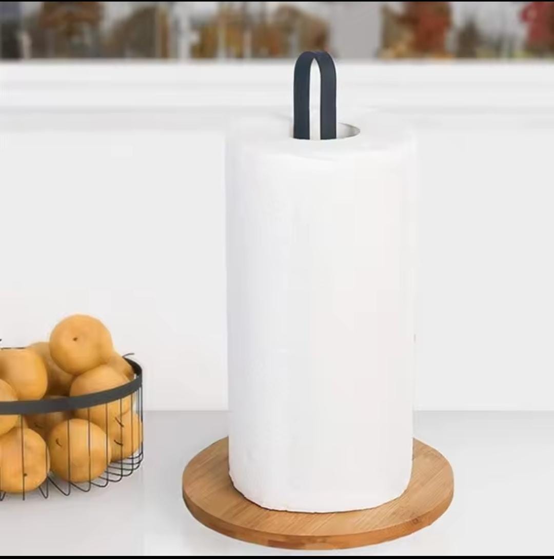 High Quality Metallic Paper Towel Holder with Bamboo Base