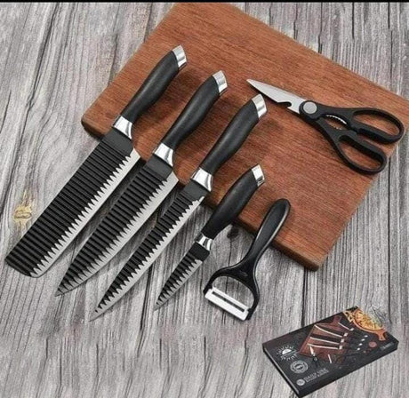 6pcs Zepter Knife Gift Pack Set – Black Non-Stick Blades with Corrugated Wavy Pattern
