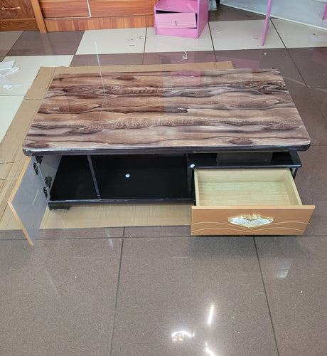 Glass-Top Coffee Table with Drawer and Cabinet – Modern Wood-Finish Design