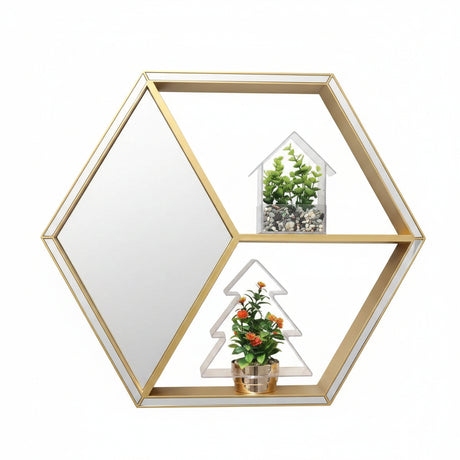 Luxury Gold Hexagon Wall Mirror with Display Shelves Mirror Mirrors