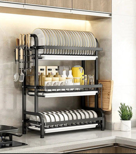 3-Layer Advanced Dish Rack – Heavy Duty Black Kitchen Organizer