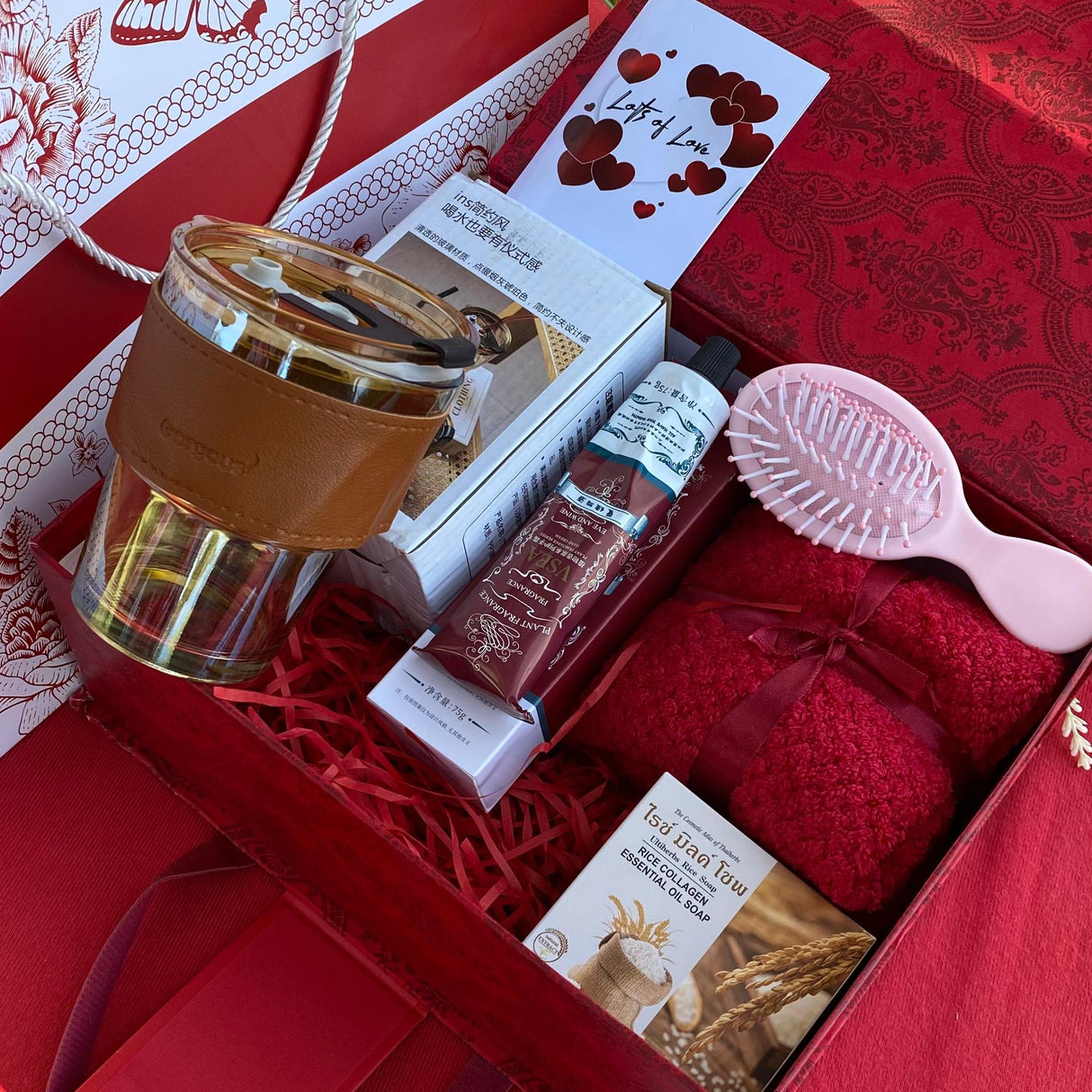 Hot Valentines Ladies Gift Set with Bath Essentials and Glass Tumbler
