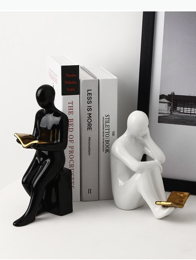 Ceramic Bookends Reader Shape Sculptures – Decorative Book Holder Set