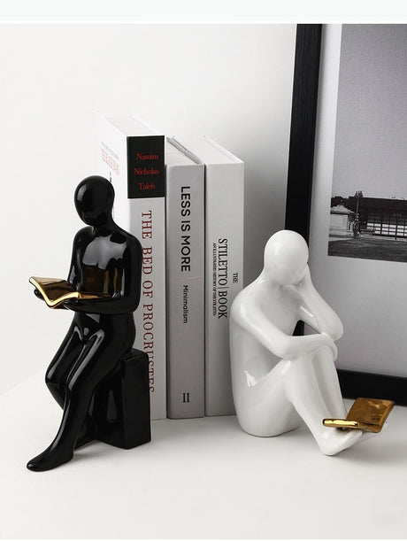 Ceramic Bookends Reader Shape Sculptures – Decorative Book Holder Set